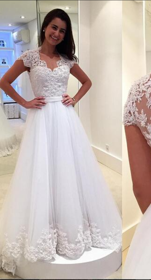 Cap Sleeve Wedding Dress, A Line Wedding Dress, White Wedding Dress, Lace Applique Wedding Dress, Bridal Dresses