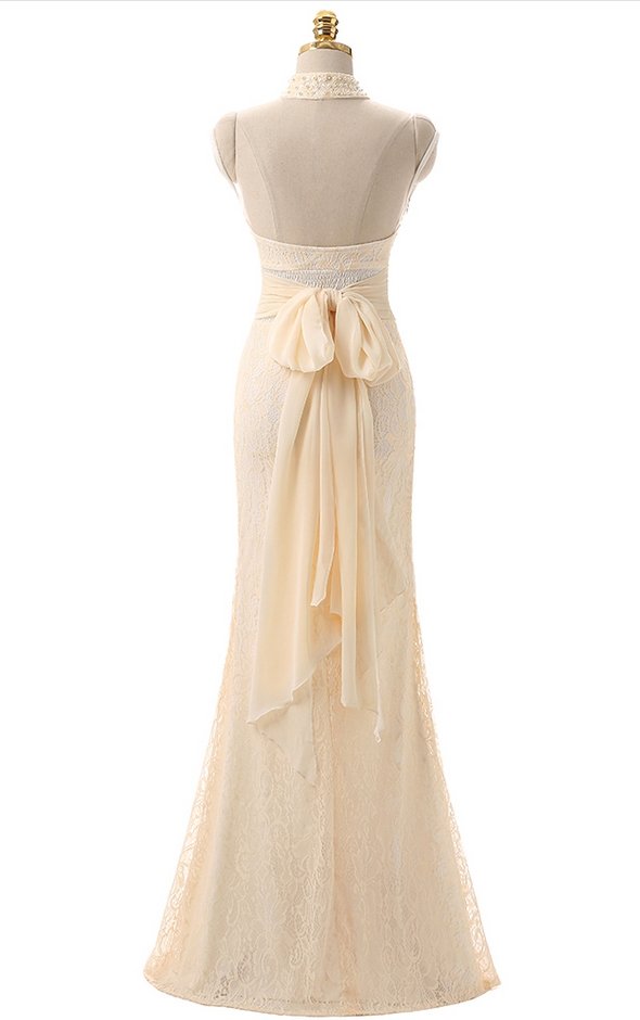 Mermaid Halter Ivory Long Evening Party Gowns Prom Dress