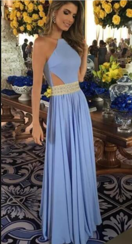 Sexy Open Back Light Blue Formal Evening Dresses 2 Beads Crystals Belt Long Party Prom Gowns Cutaway Sides Evening Dresses
