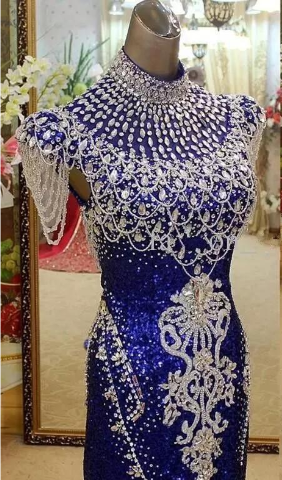The Royal Blue - Neck Mermaid Evening Gown, A Real Evening Gown For Women's Crystal Sequins