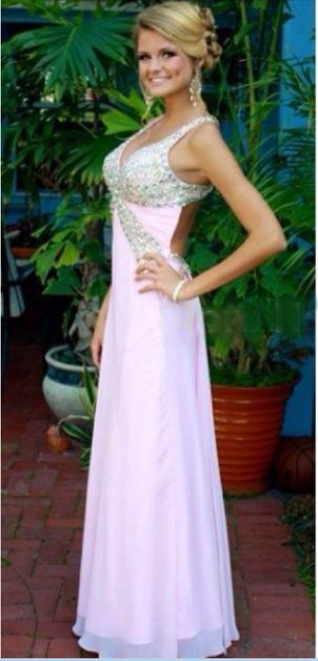 Classy Pink V Neck Chiffon Sequin A Line Long Party Dress Backless Birthday Prom Gown main image 0