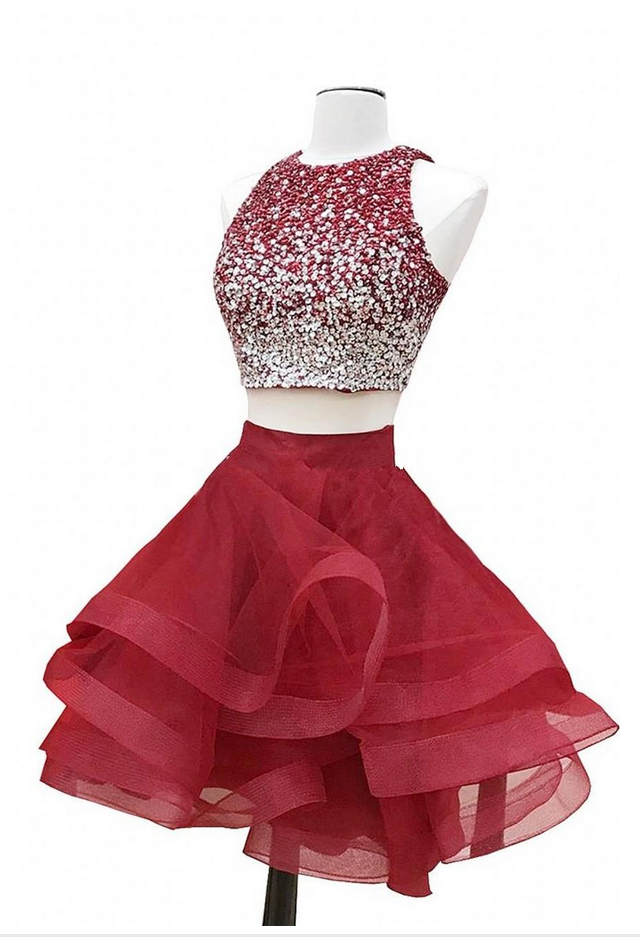 Sparkly Two Piece Red Homecoming Dresses Sequins Beaded Tulle Puffy Skirt Custom Made Short Graduation Dresses Zipper