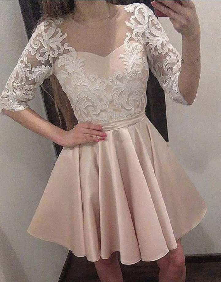 Gorgeous Champagne Satin Short Homecoming Dresses Sheer Neck Half Sleeves Appliques Lace Illusion Back Short Prom Dresses Party Dresses