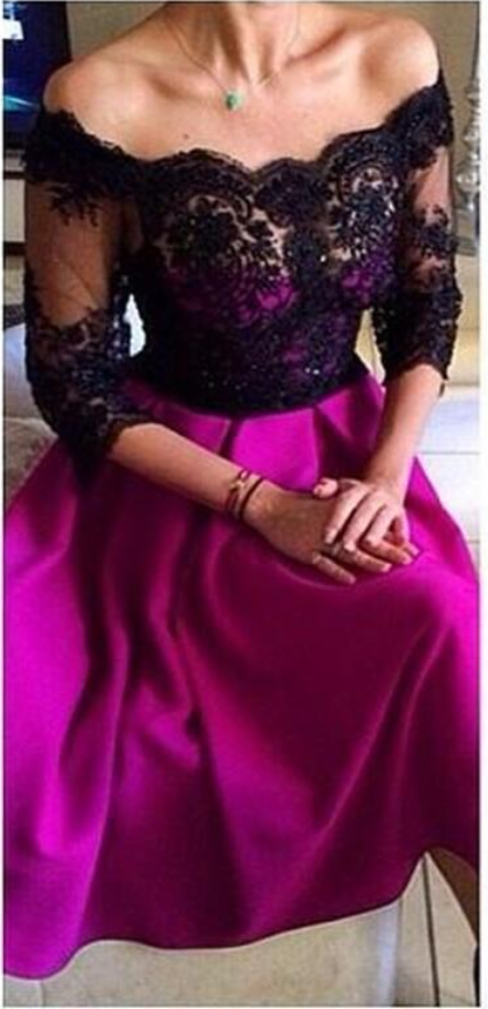 Black Lace Tea Length Prom Dresses With 3/4 Sleeve Arabic Off Shoulder Party Homecoming Gowns Fuchsia Satin Formal Occasion Wear
