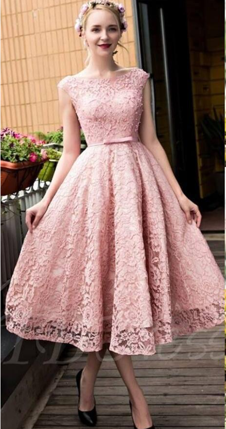 Blush Pink Elegant Tea Length Full Lace Prom Dress Bateau Neck Cap Sleeves Homecoming Gown Dubai With Bow