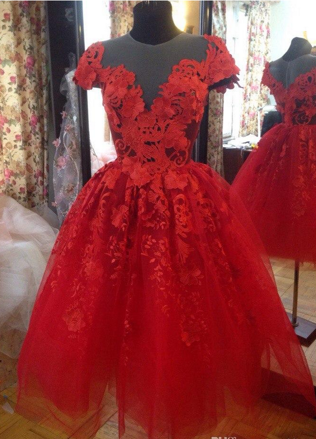 Attractive Red Homecoming Dresses For Juniors Sheer Jewel Neck A-line 3d Appliques Short Prom Gowns Knee Length Tulle Party Dress
