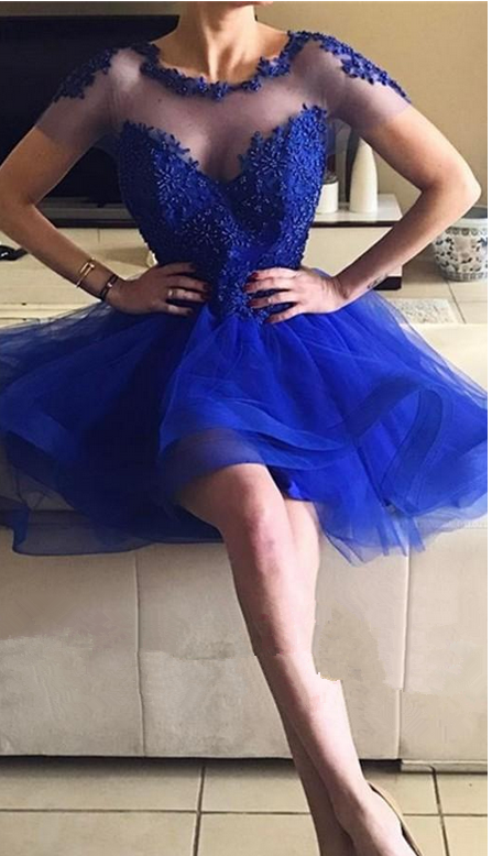 Homecoming Dresses Royal Blue Short Sleeves Beading Lace Appliques Short A Line Party Graduation Plus Size Cocktail Gowns