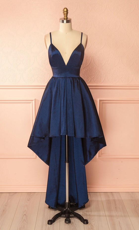 Navy Blue Plunge V Spaghetti Strap High Low Formal Dress, Homecoming Dress, Prom Dress