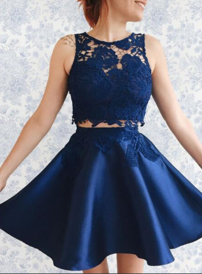 Navy Blue Sexy Youth Homecoming Dress, Two Short Party Dresses, Lower Prom Dresses