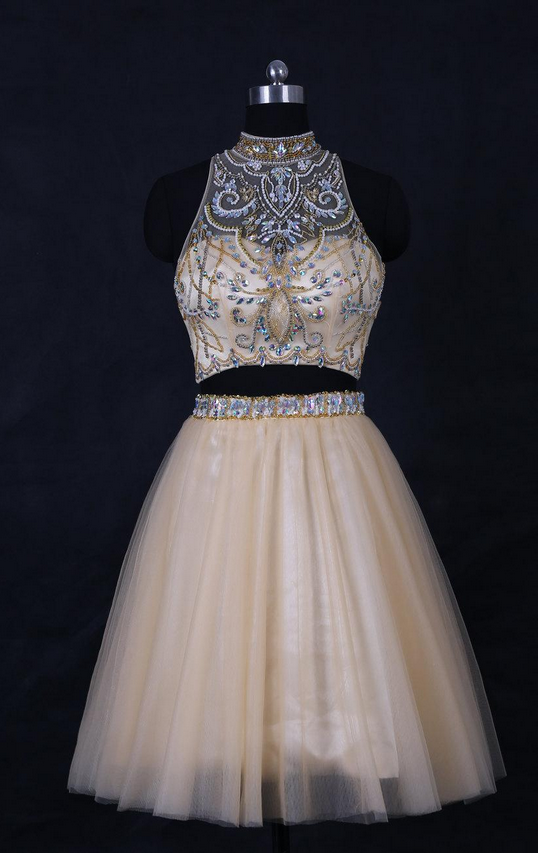 Two Piece Champagne Bateau Open Back Tulle Prom Dress with Sequins LBQ0033 main image 1
