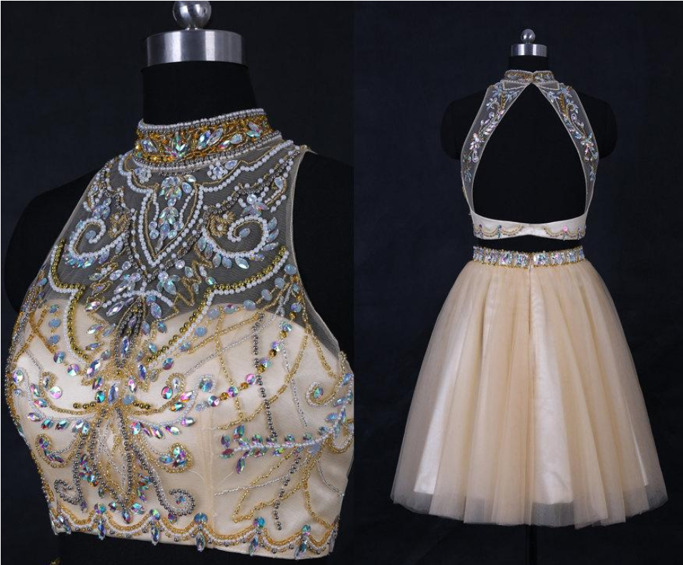 Two Piece Champagne Satin Round Neck Open Back Prom Dress with Beading Pockets LBQ0014