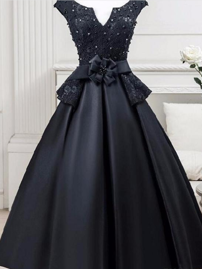 Black Short Party Cocktail Dress, Dark Neck Lace Tea Long Satin Ball Gown, Homecoming