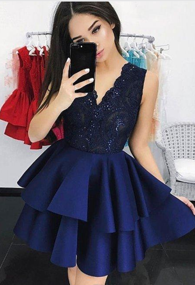 Navy Blue Tiered Homecoming Dresses, Party Gowns V Neck Lace Bodice  Sleeveless Sweet 16 Short Dress on Luulla