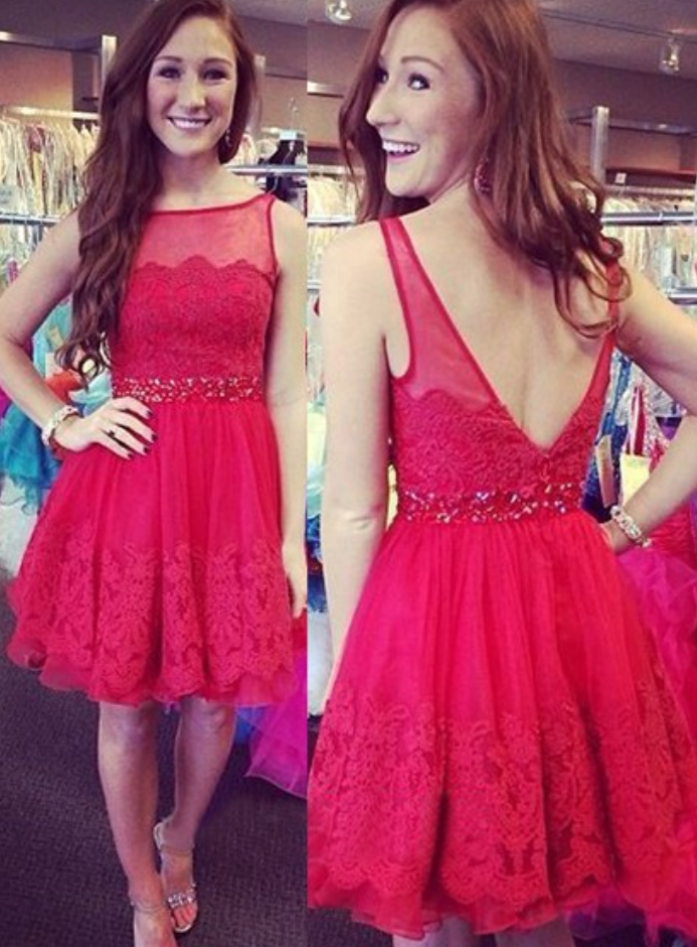 Red Tulle With Applique Short Mini Homecoming Dress,scoop Neck Open Back Homecoming Dresses