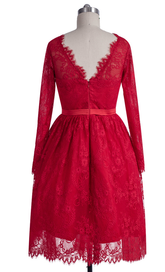 Long sleeve red stain v-neck homecoming prom dresses, SF0070