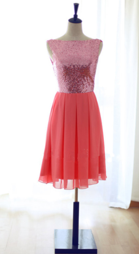 Short Chiffon Dress with Sweetheart Neck Shining Decor Coral