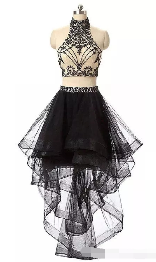 Two Piece High Low Black Halter Keyhole Beading Homecoming Dress, Cocktail Dress, High Low Cocktail Dress, Sleeveless Cocktail Dress