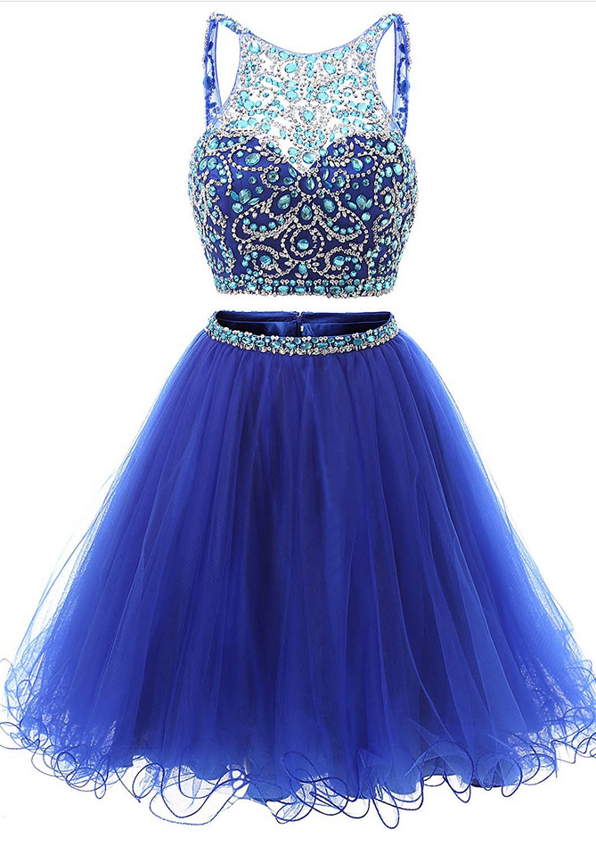 The Short Tulle Bead Is Decorated With A Blue Two-piece Suit For The Homecoming Dressdress