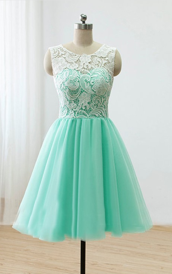 A Line Sage Homecoming Dresses , with Buttons Sleeveless Tulle Scoop Mini ,Homecoming Dress