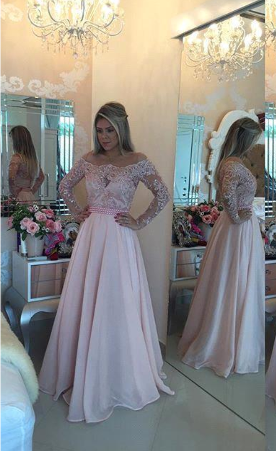 Gorgeous Light Pink Long Sleeves Prom Dresses, Sexy Off The