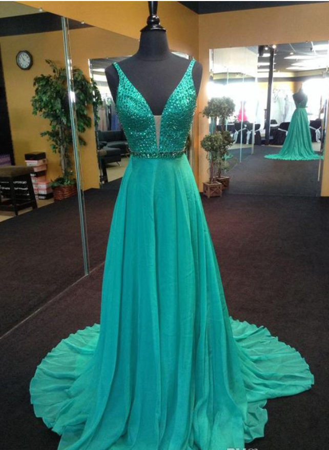 Custom Made Sleeveless Plunging V Beaded Long Prom Dress, Evening Dress