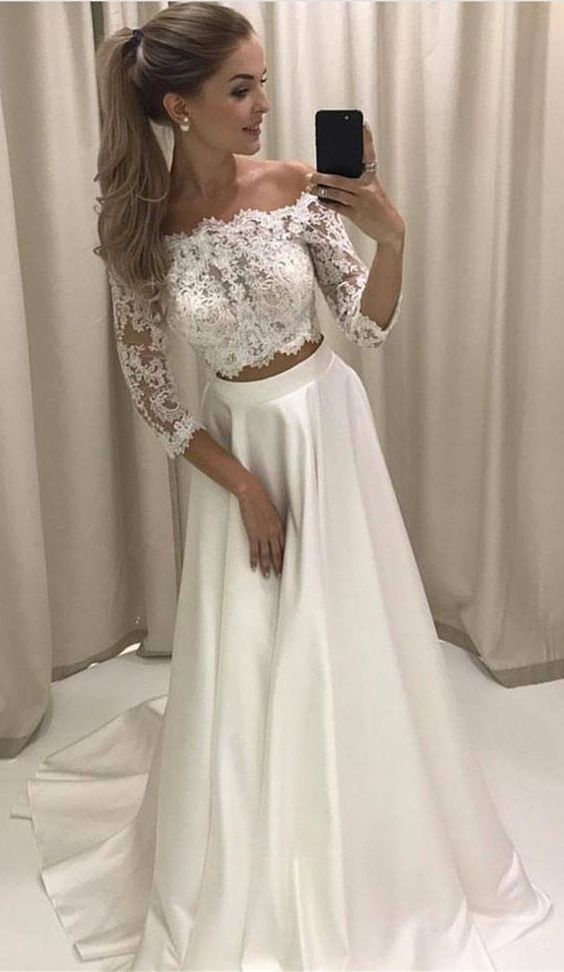 fitted lace wedding dress Two Pieces Long Sleeves Lace White Beach Wedding Dress WD383 US12 / White main image 1