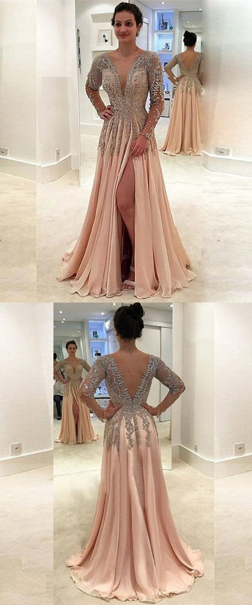 A-line Deep V-neck Floor-length Light Champagne Chiffon Prom Dress With Appliques Beading