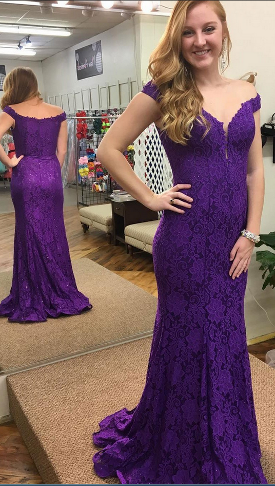 Purple Lace Mermaid Prom Dress, Sexy Long Prom Dresses, Formal Evening Gowns