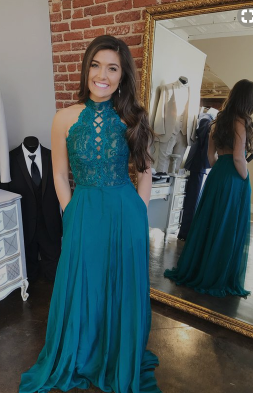 Gorgeous High Neck Blue Long Prom Dress With Pockets, Evening Dresses