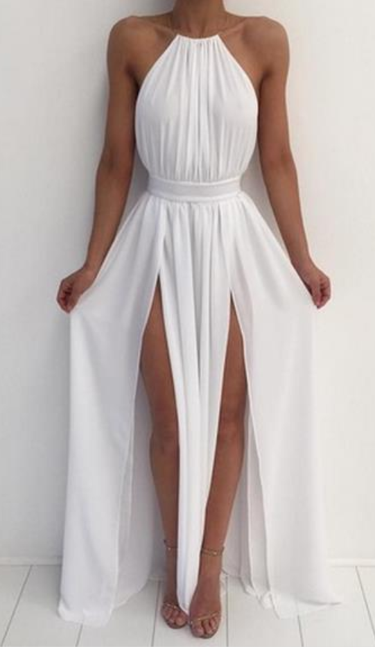 White Halter Simple A-line Backless Long Prom Dress,chiffon Evening Dress