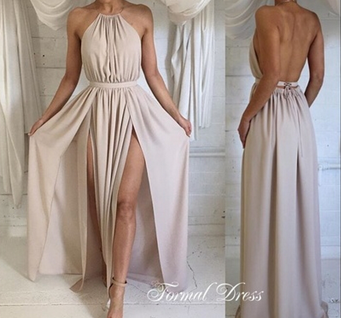 Nude Halter Chiffon Prom Dress Backless Party Dresses For Women On Luulla