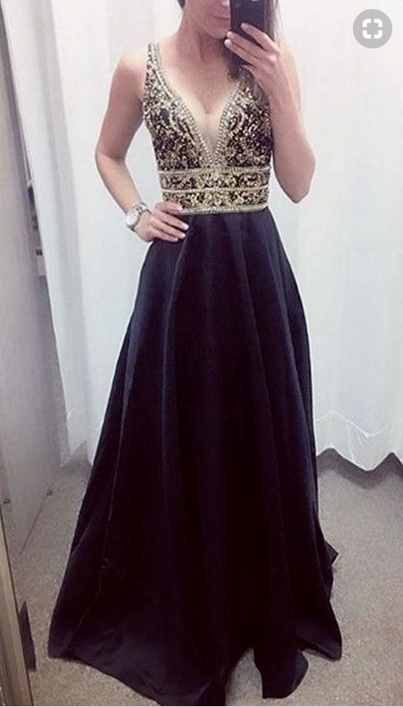 Black Long Prom Dress With Gold Beads, Prom Dress, Party Dress, Evenig Dress