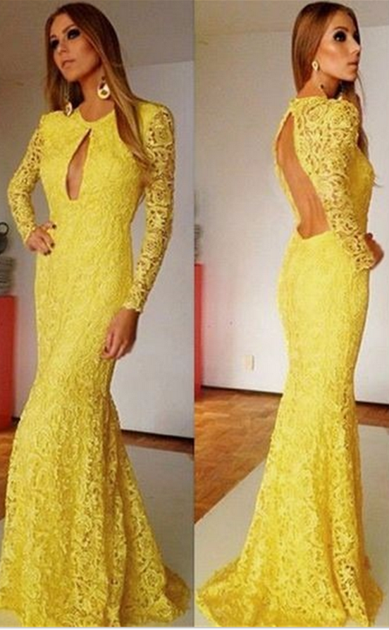 Yellow ,charming Evening Dress,lace Prom Dresses, Prom Gowns,yellow Evening Gown,backless Party Dresses
