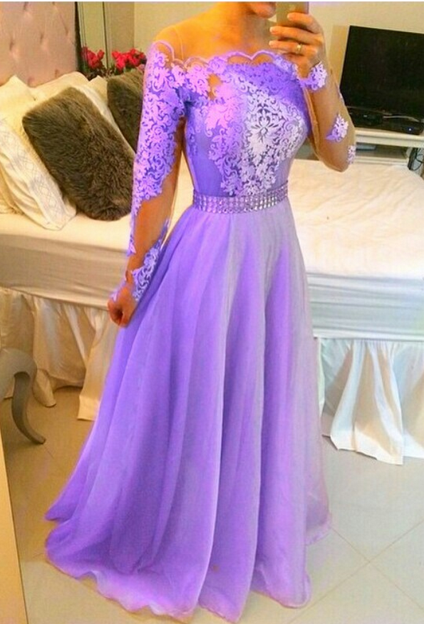 Glamorous Evening Gown, Purple Ball Gown, Long Sleeve Party Dress.