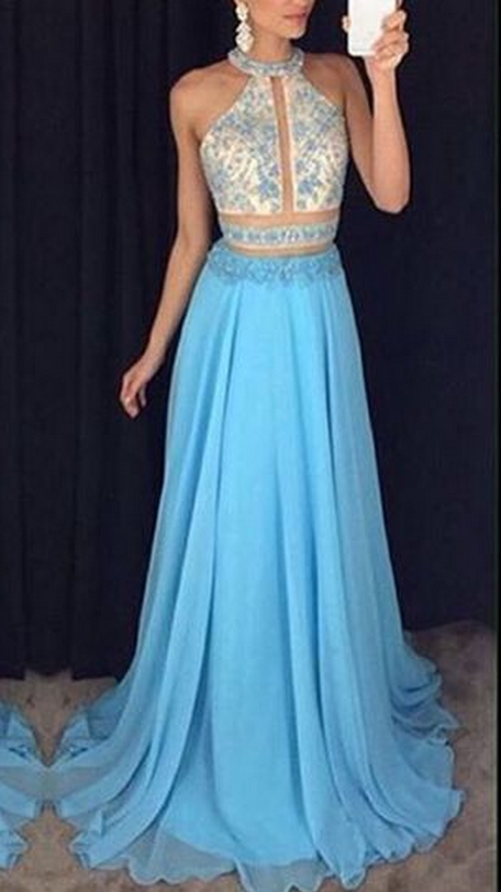 Prom Dress,blue Sequins Long Prom Dresses,elegant Beading Chiffon Prom Dresses, Evening Formal Gowns