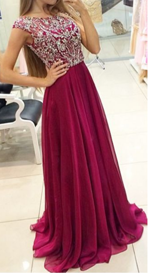 Prom Dress,wine Red Long Prom Dress,chiffon Beaded Long A-line Evening Dress,