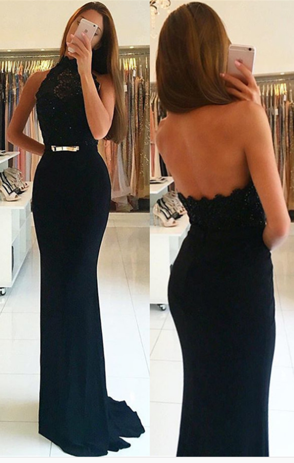 Black Prom Dress, High Neck Prom Dress,mermaid Lace Long Prom Gown,backless Elegant Evening Gowns