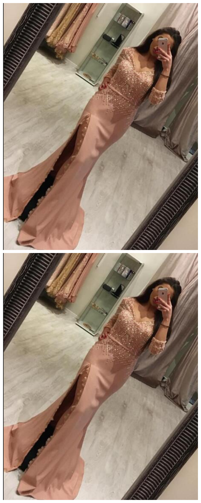 Prom Dresses, Evening Dress, Dusty Pink Evening Dress, Beaded Evening Dress, Mermaid Evening Dress, Long Sleeve Evening Dress,pd1615