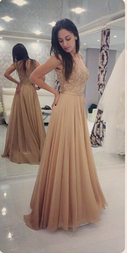 Glamorous Long Champagne Lace Prom Dresses Party Evening Gown Beaded  Chiffon Appliques Open Back Pro on Luulla
