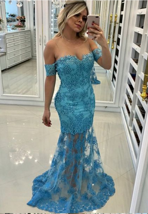 Charming Prom Dress, Sexy Mermaid Prom Dresses, Appliques Lace Long ...