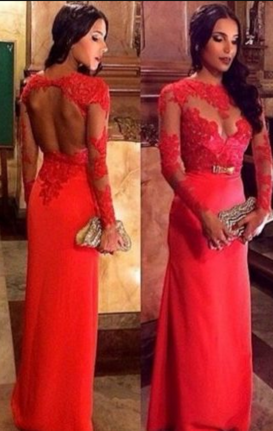 Sexy Orange Red Long Sleeves Lace Evening Dress,open Back Long Sleeves ...