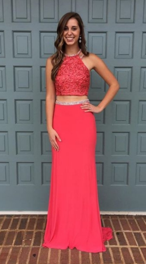 Two Pieces A Line Red Halter Beaded Satin Prom Dresses With Pockets LBQ3093
