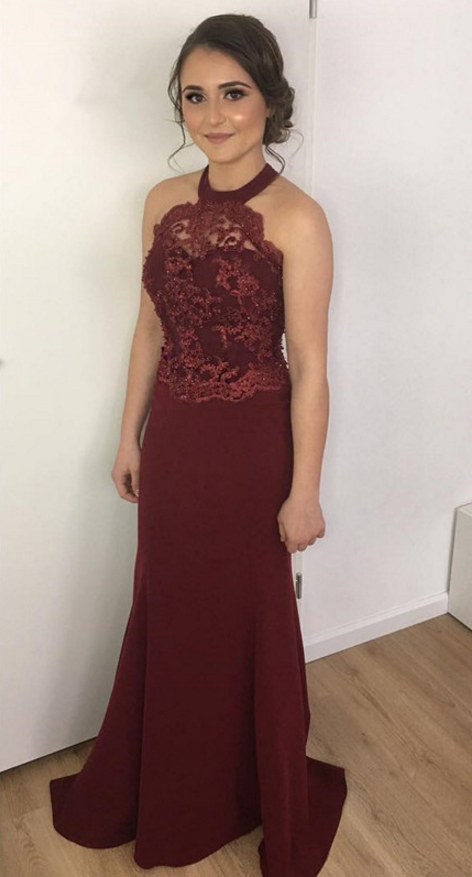 Burgundy Prom Dress,mermaid Prom Dress,long Sleeveless Prom Dress,appliques Prom  Dress,halter Prom D on Luulla