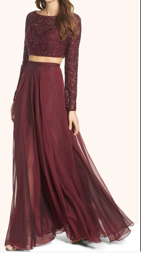 two piece long sleeve red prom dress Two Piece Mermaid Prom Dresses Lace Long Sleeves