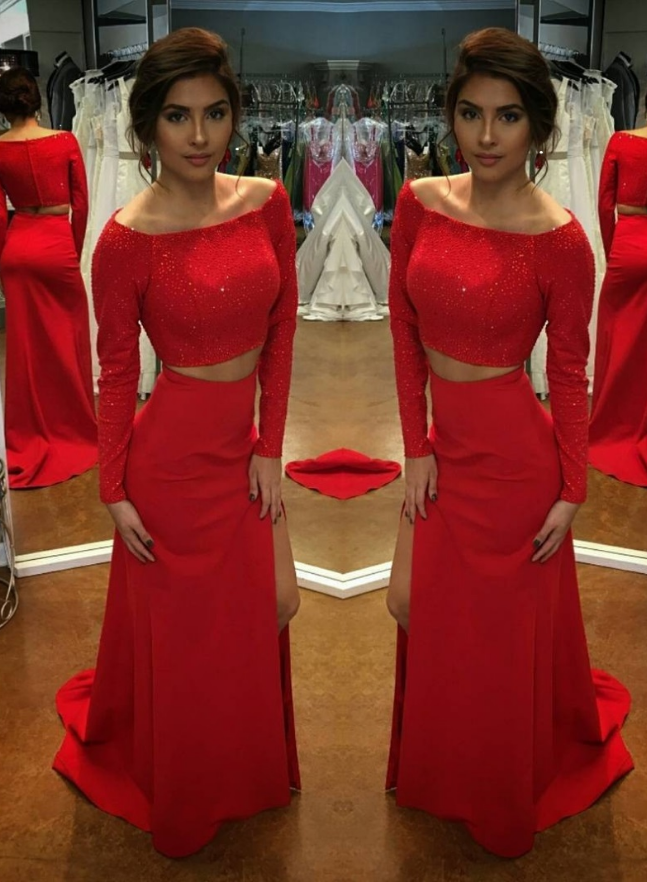 Elegant Red Long Sleeve Prom Dresses Two Pieces Sequins Elegant Dresses On Luulla 1431