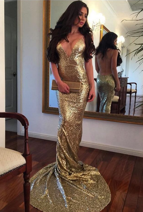 green emerald velvet dress Gold V Neck Prom Dress With Rhinestone Beading And Open Lace Back