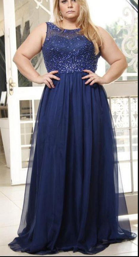 Plus Size Navy Tulle Beaded Top Long Prom Dress on Luulla