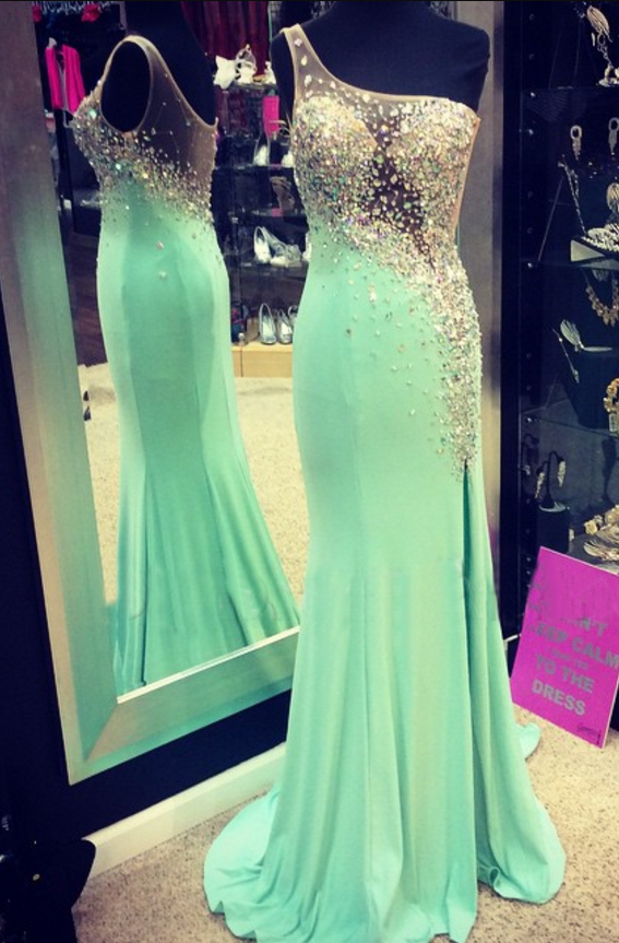 Sexy Mint Evening Dress, Sheer Back Evening Dresses, Long Evening Dress