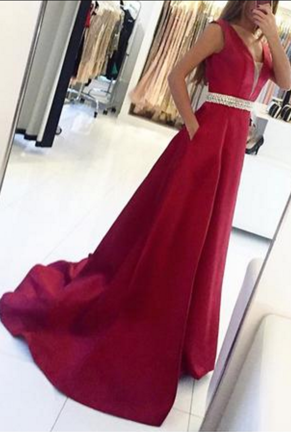 Sexy V Neck Sweep Train Prom Dress Sleeveless Prom Dresses With Beads Belt Long Evening Dress 1836