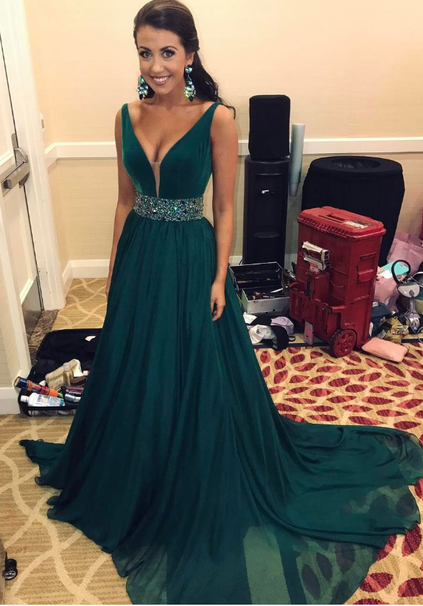 Dark Teal V neck Chiffon Prom Dress With Beaded Waistband sleeveless Prom Dress sweep Train Long Eve on Luulla